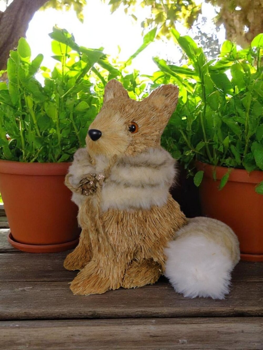 Straw & Faux Fur Fox Figurine With Glitter Pinecone Accent 9" Rustic Woodland